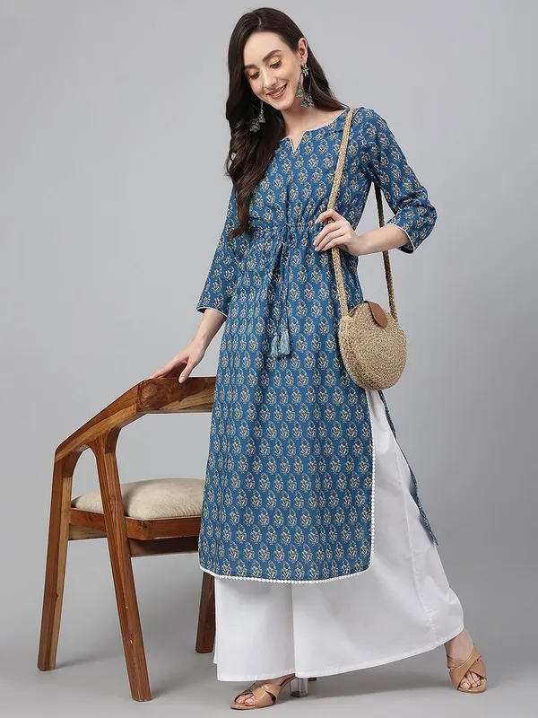 Janasya_Womens_Teal_Cotton_Floral_Block_Print_Straight_Kurta