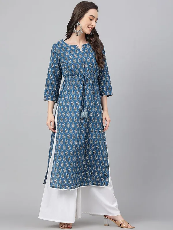 Janasya_Womens_Teal_Cotton_Floral_Block_Print_Straight_Kurta