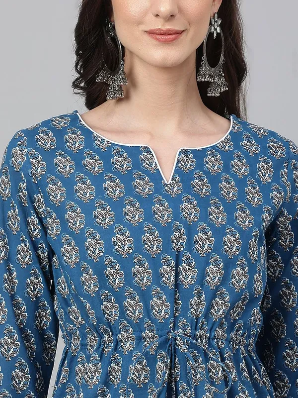 Janasya_Womens_Teal_Cotton_Floral_Block_Print_Straight_Kurta