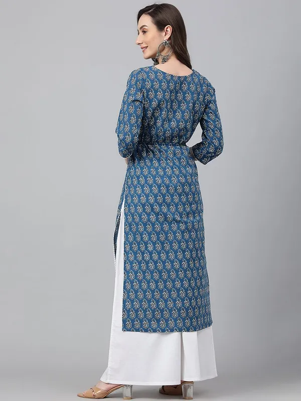 Janasya_Womens_Teal_Cotton_Floral_Block_Print_Straight_Kurta