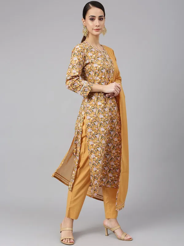 Mustard_Floral_Cotton_Straight_Kurta,_Pant & Dupatta_Set