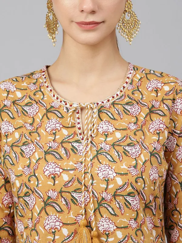 Mustard_Floral_Cotton_Straight_Kurta,_Pant & Dupatta_Set