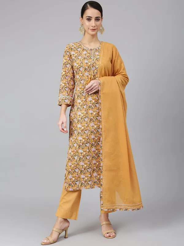Mustard_Floral_Cotton_Straight_Kurta,_Pant & Dupatta_Set