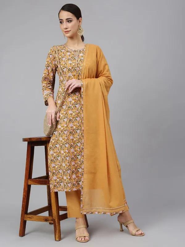 Mustard_Floral_Cotton_Straight_Kurta,_Pant & Dupatta_Set