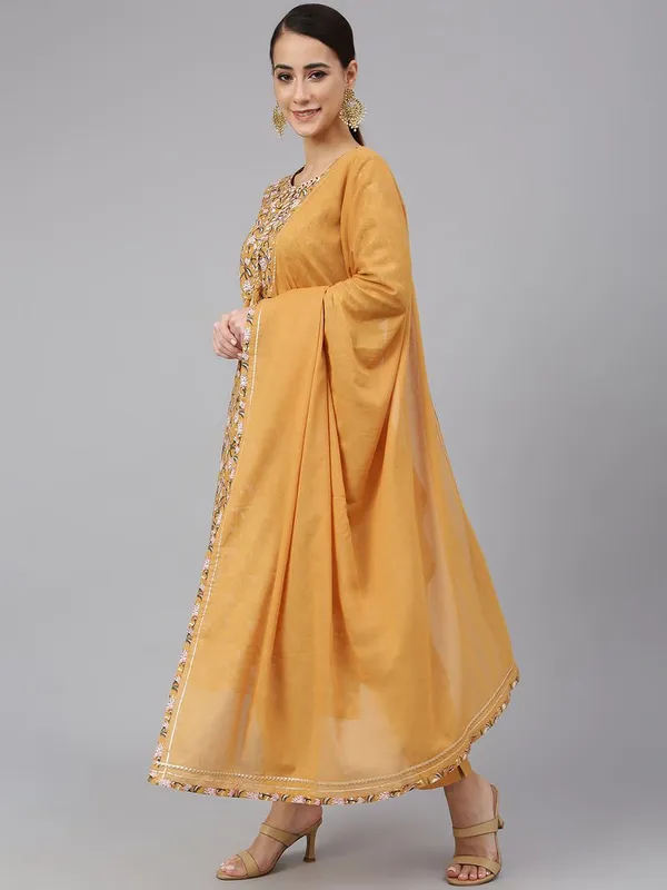 Mustard_Floral_Cotton_Straight_Kurta,_Pant & Dupatta_Set