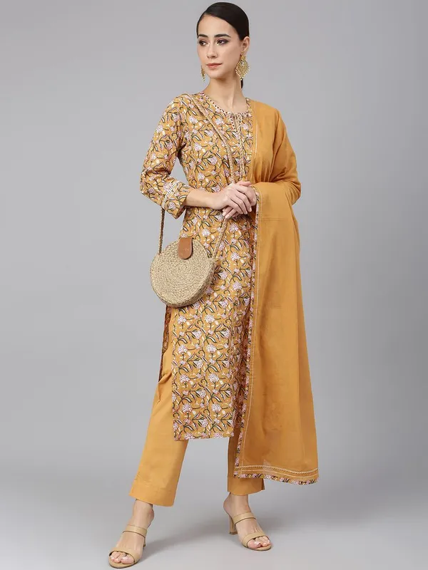 Mustard_Floral_Cotton_Straight_Kurta,_Pant & Dupatta_Set