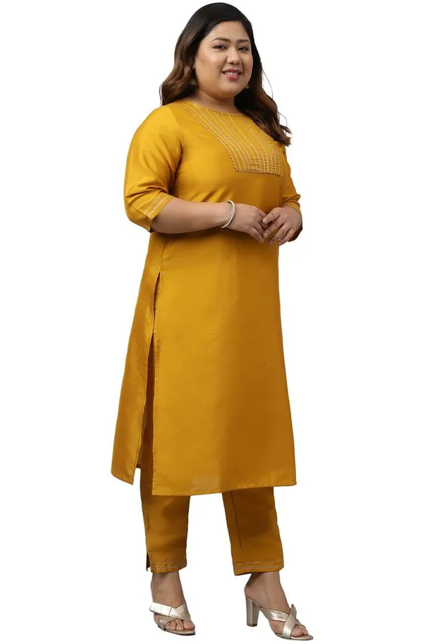 Mustard_Poly_Silk_Solid_Kurta_with_Pant