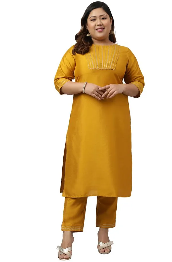 Mustard_Poly_Silk_Solid_Kurta_with_Pant