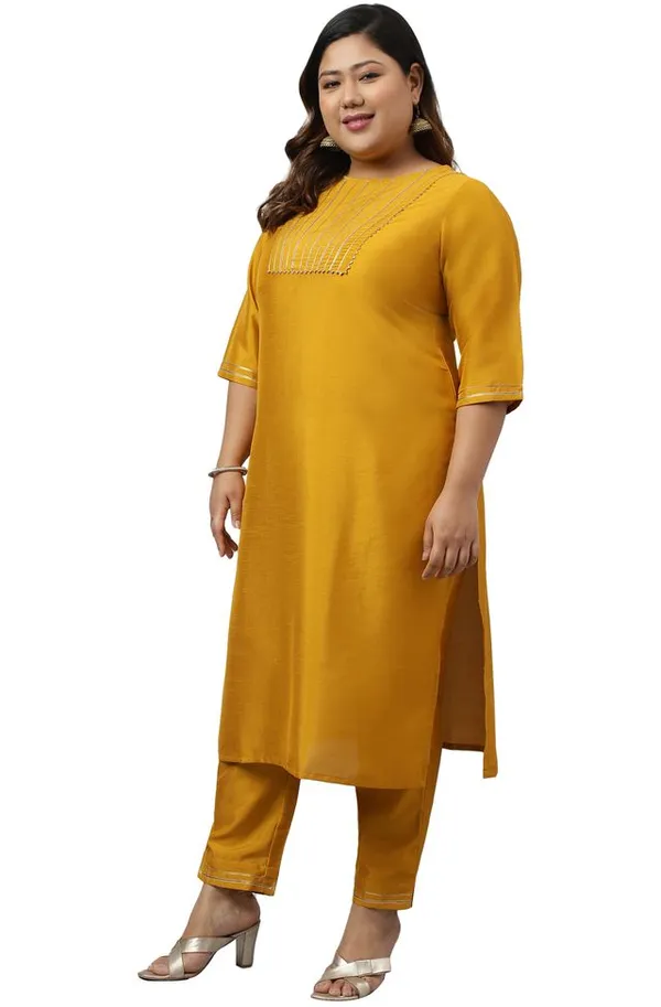 Mustard_Poly_Silk_Solid_Kurta_with_Pant