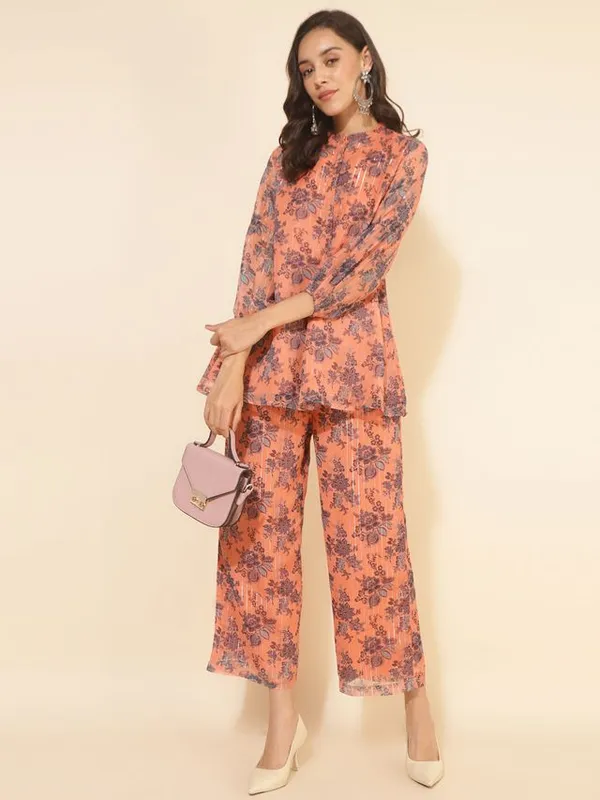 Peach_Chiffon_Lurex_Floral_Print_Tunic_Palazzo_Set