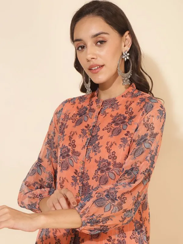 Peach_Chiffon_Lurex_Floral_Print_Tunic_Palazzo_Set