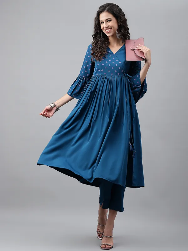 Blue_Crepe_Solid_Angrakha_Kurta_For_Women