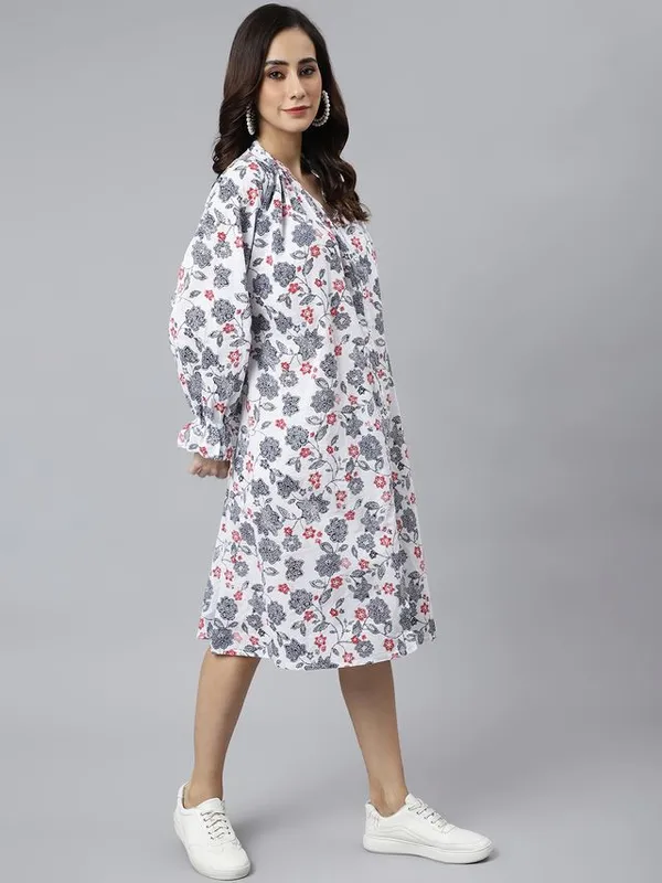 White_Cotton_Floral_Print_Flared_Western_Dress