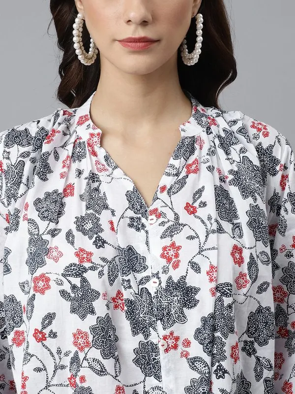 White_Cotton_Floral_Print_Flared_Western_Dress