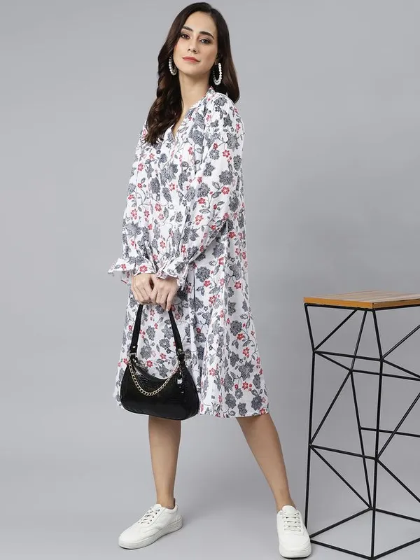 White_Cotton_Floral_Print_Flared_Western_Dress