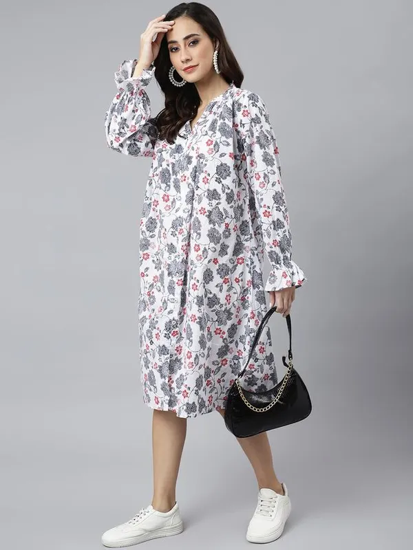 White_Cotton_Floral_Print_Flared_Western_Dress