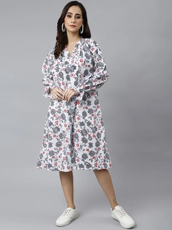 White_Cotton_Floral_Print_Flared_Western_Dress