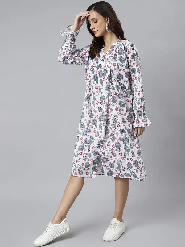 White_Cotton_Floral_Print_Flared_Western_Dress