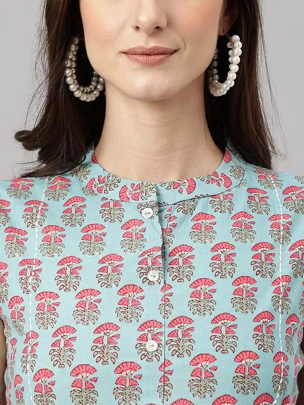Womens_Aqua_Blue_Cotton_Block_Print_Straight_Kurta
