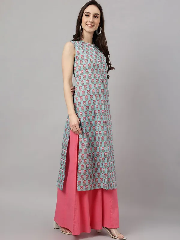Womens_Aqua_Blue_Cotton_Block_Print_Straight_Kurta