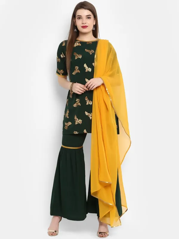 Womens_Dark_Green_Poly_Crepe_Gold_Print_Kurti_with_Sharara_and_Dupatta