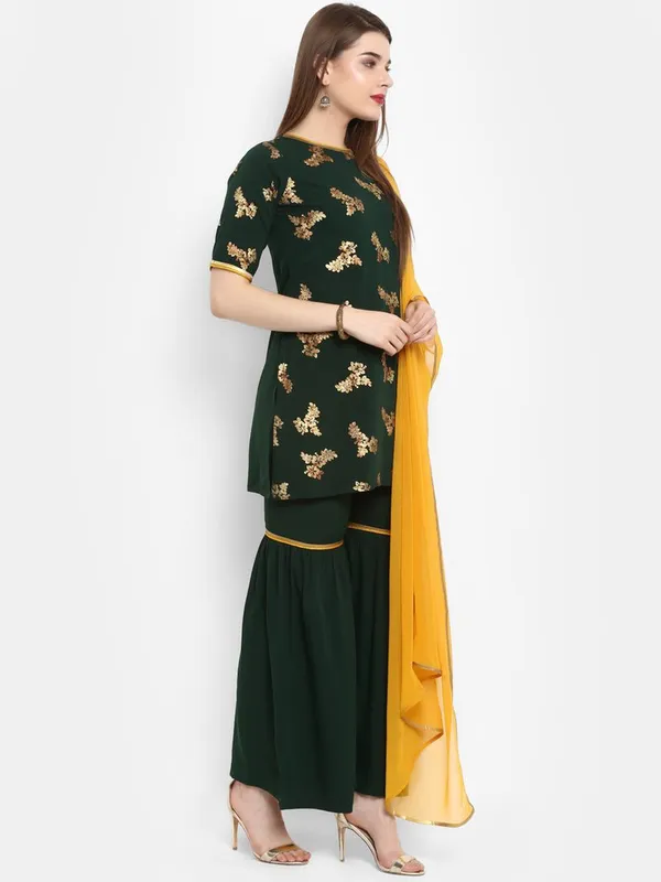 Womens_Dark_Green_Poly_Crepe_Gold_Print_Kurti_with_Sharara_and_Dupatta