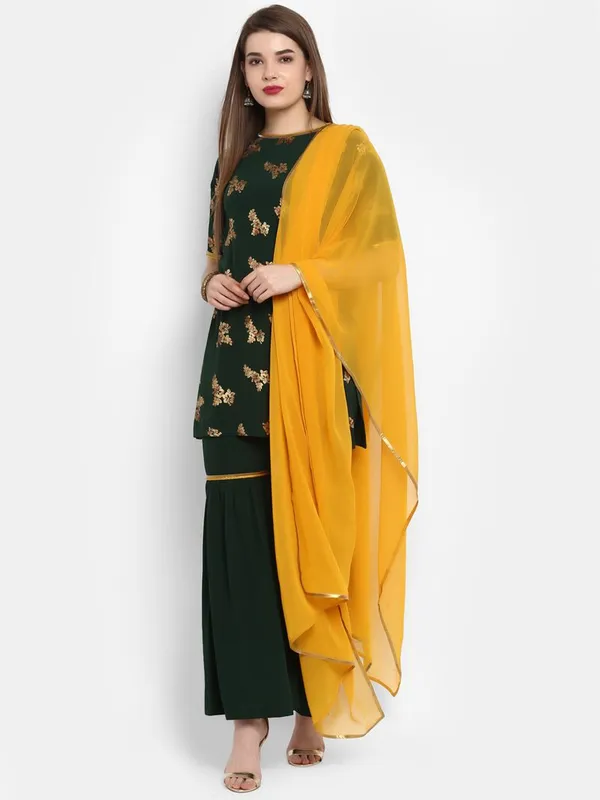 Womens_Dark_Green_Poly_Crepe_Gold_Print_Kurti_with_Sharara_and_Dupatta
