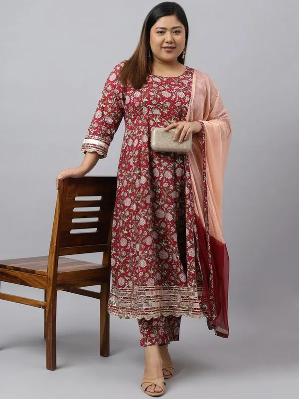 Womens_Maroon_Cotton_Floral_Block_Printed_Kurta_with_Pant_and_Dupatta