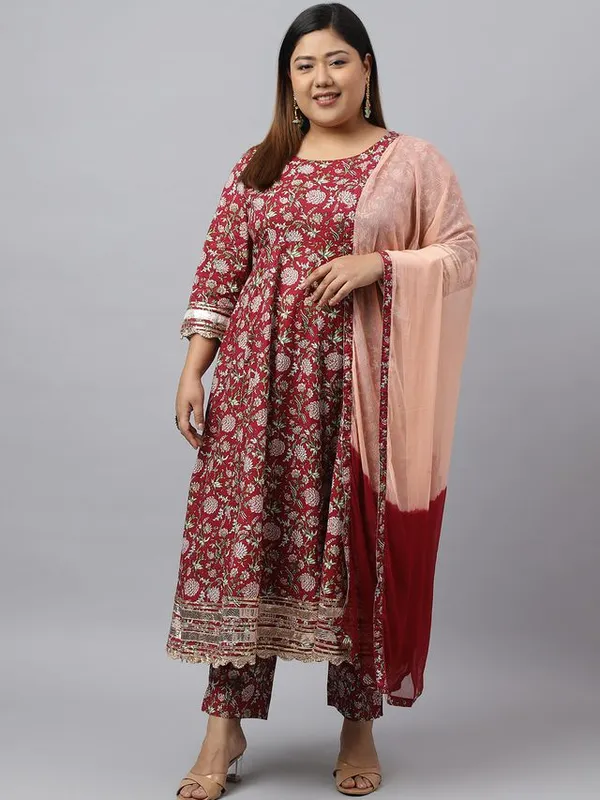 Womens_Maroon_Cotton_Floral_Block_Printed_Kurta_with_Pant_and_Dupatta