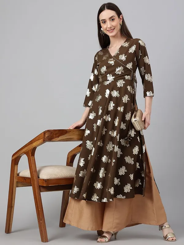 Womens_Olive_Crepe_Foil_Print_Angrakha_Kurta