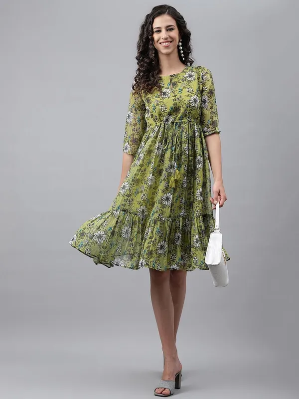 Womens_Olive_Green_Chiffon_Lurex_Floral_Printed_Flared_Dress
