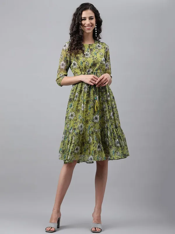 Womens_Olive_Green_Chiffon_Lurex_Floral_Printed_Flared_Dress
