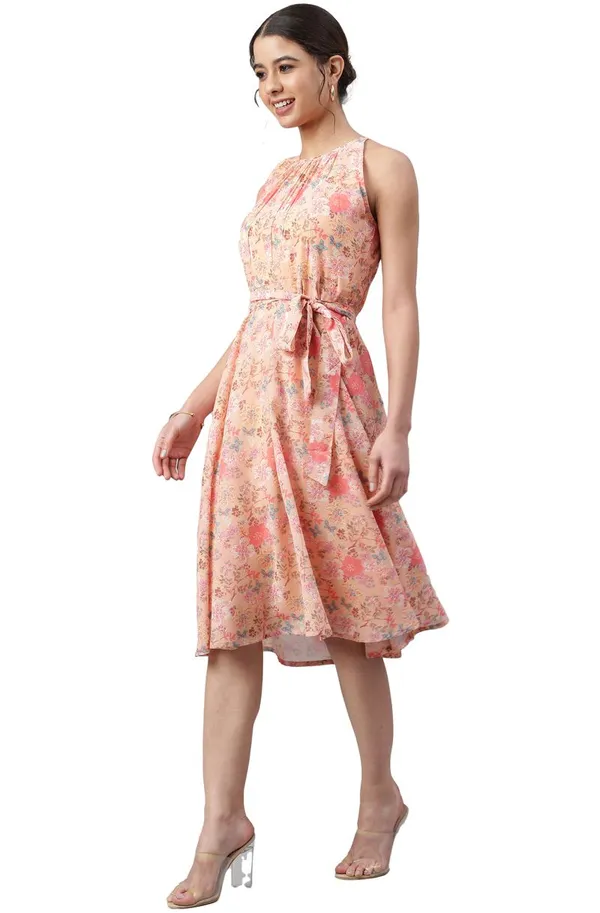 Womens_Peach_Georgette_Floral_Print_A-line_Western_Dress