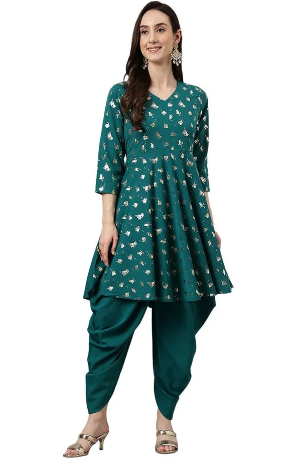 Womens_Peacock_Green_Crepe_Foil_Print_Kurta_with_Dhoti_Pant