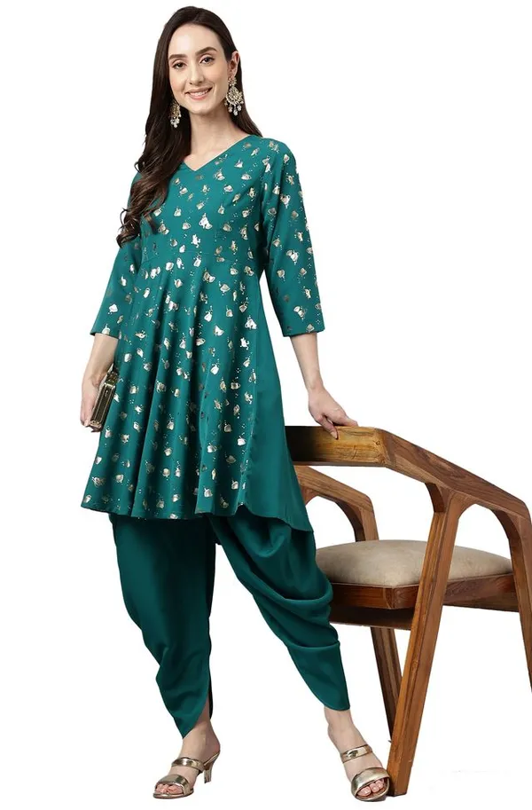 Womens_Peacock_Green_Crepe_Foil_Print_Kurta_with_Dhoti_Pant