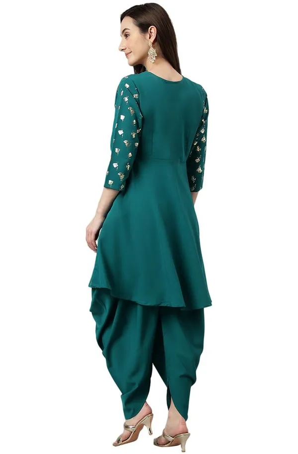 Womens_Peacock_Green_Crepe_Foil_Print_Kurta_with_Dhoti_Pant