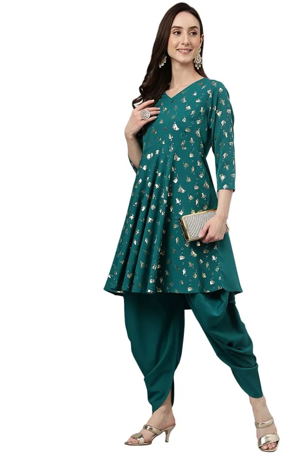 Womens_Peacock_Green_Crepe_Foil_Print_Kurta_with_Dhoti_Pant