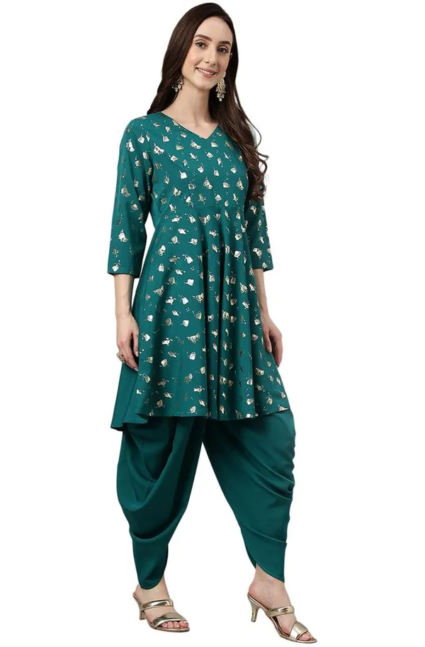 Womens_Peacock_Green_Crepe_Foil_Print_Kurta_with_Dhoti_Pant