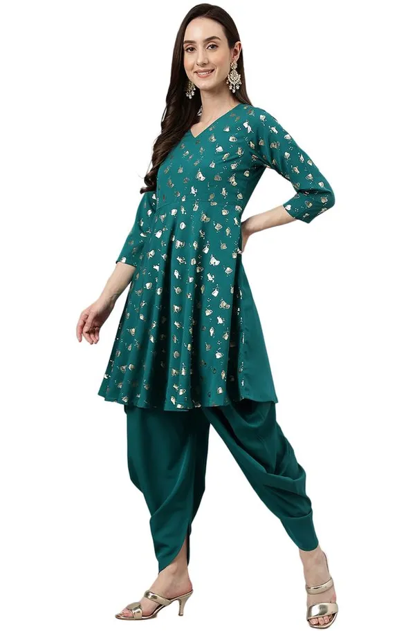 Womens_Peacock_Green_Crepe_Foil_Print_Kurta_with_Dhoti_Pant