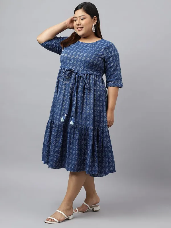 Womens_Plus_Size_Blue_Cotton_Woven_Design_Flared_Dress