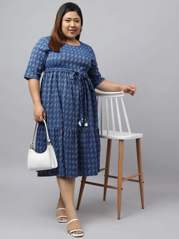 Womens_Plus_Size_Blue_Cotton_Woven_Design_Flared_Dress