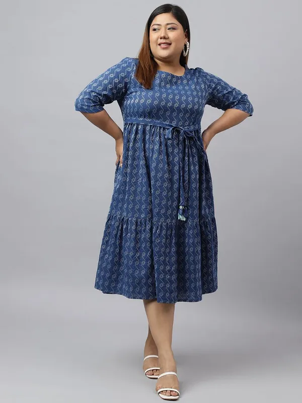 Womens_Plus_Size_Blue_Cotton_Woven_Design_Flared_Dress