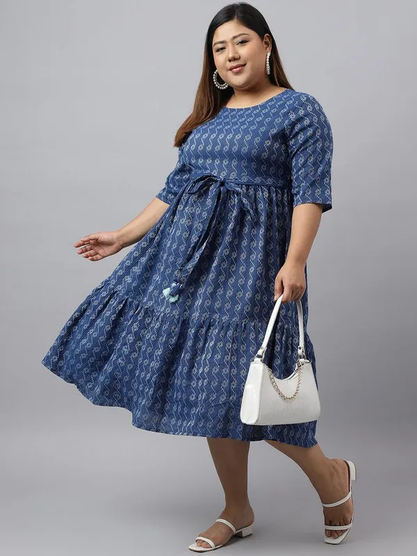 Womens_Plus_Size_Blue_Cotton_Woven_Design_Flared_Dress