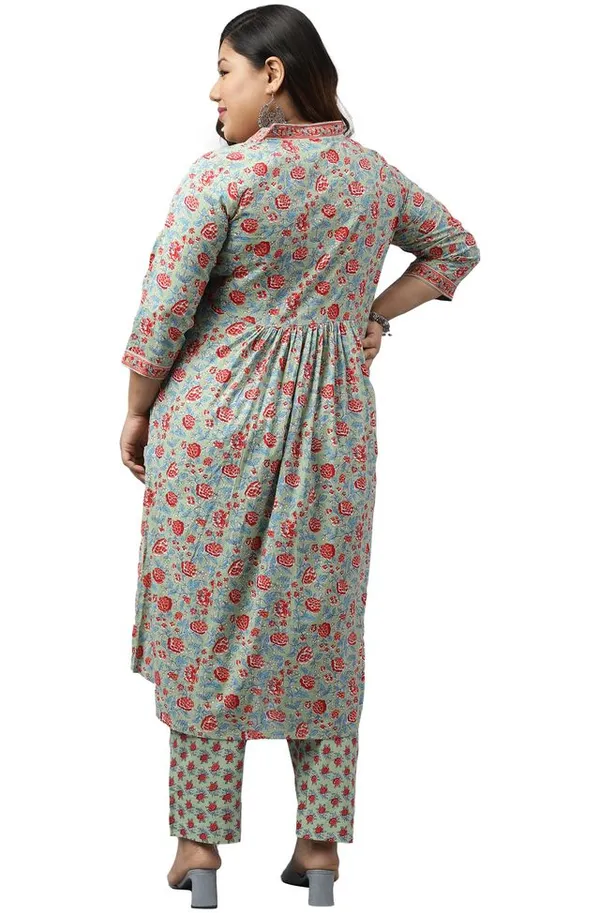 Womens_Plus_Size_Green_Cotton_Floral_Printed_Kurta_with_Pant