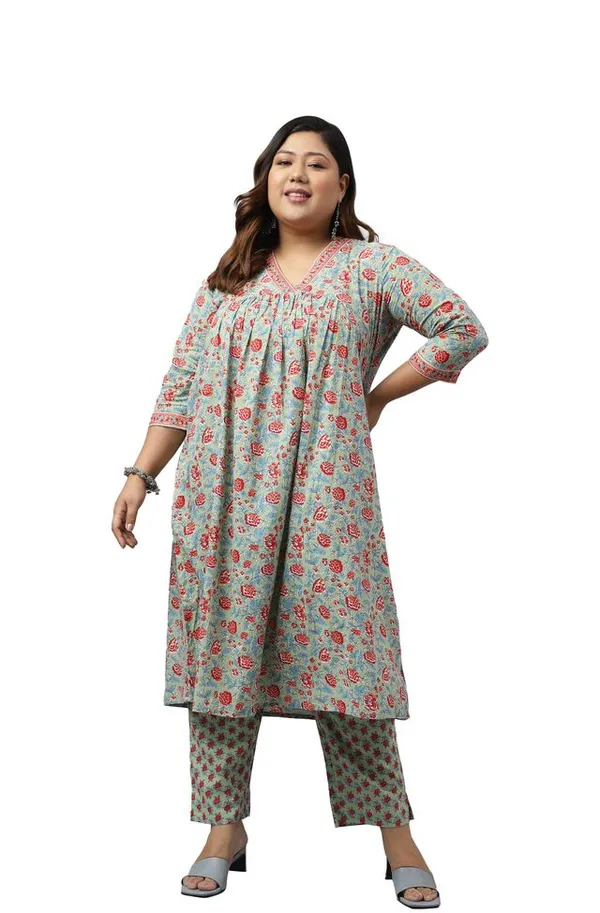 Womens_Plus_Size_Green_Cotton_Floral_Printed_Kurta_with_Pant