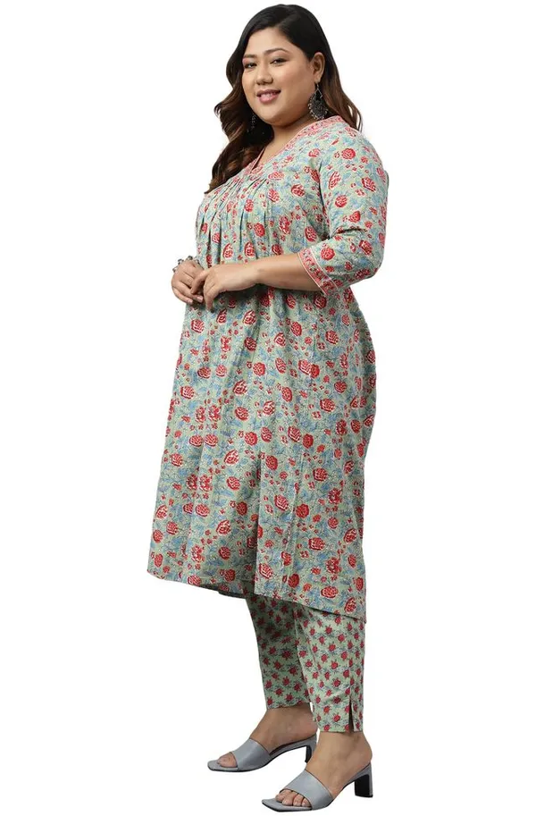 Womens_Plus_Size_Green_Cotton_Floral_Printed_Kurta_with_Pant
