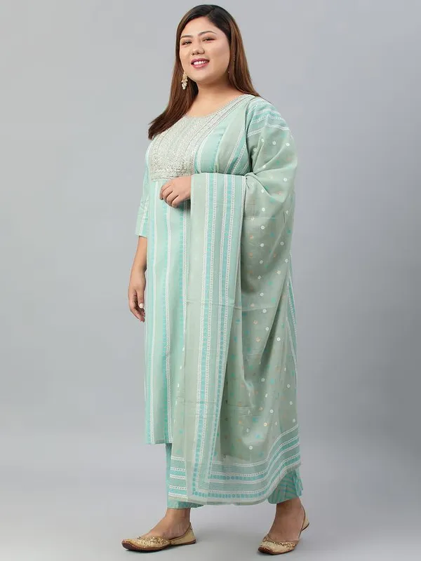 Womens_Plus_Size_Mint_Green_Rayon_Kurta_With_Pant_and_Dupatta_Plus_Size