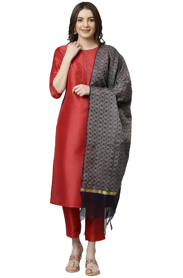 Womens_Red_Poly_Silk_Kurta_with_Pant_and_Dupatta