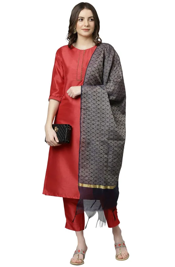 Womens_Red_Poly_Silk_Kurta_with_Pant_and_Dupatta