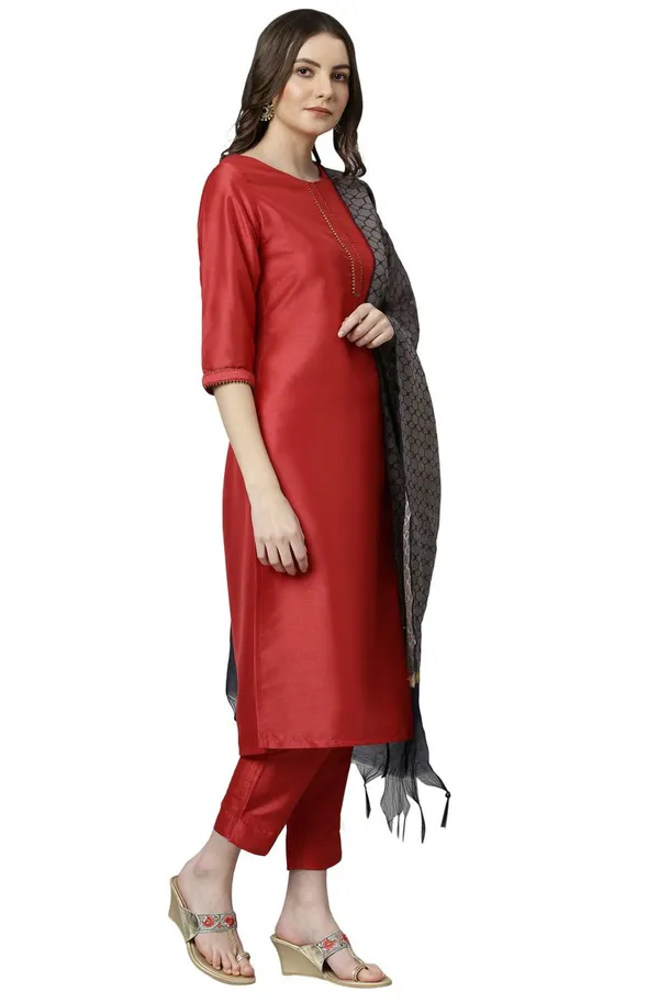 Womens_Red_Poly_Silk_Kurta_with_Pant_and_Dupatta